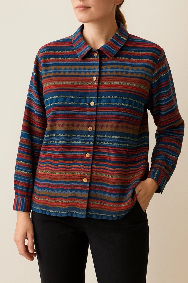 Chaqueta a Rayas Boho Shacket Mujer M Suroeste Azteca Otoño Capas CabinCore Foto 4 de 4