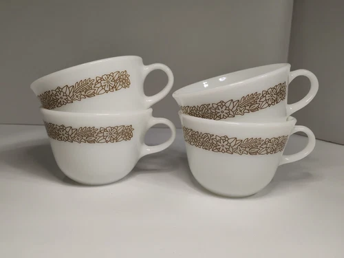 4 Pyrex Vintage Tropical Spring Blossom Crazy Daisy Coffee Cup Mugs Brown USA
