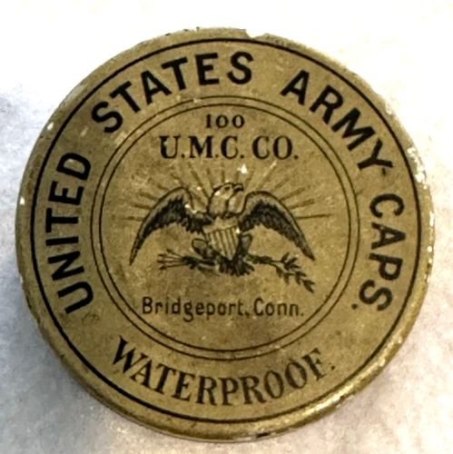 Antique Civil War Era US Army Brass Caps in Metal Tin Bridgeport Conn.