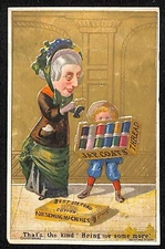 J & P Coats' Thread Victorian Trade Card - Woman Checks Samples that Kid Holds