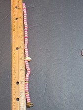 Girls candy stripe necklace pink white shell slice beadsstretch w/Gold tone Hdw.