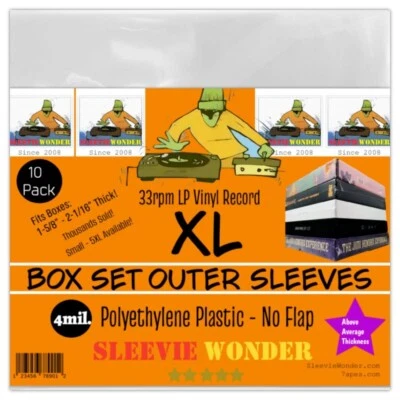 SLEEVIE WONDER XL Box Set Sleeves (x10) 4mil Strong No Flap - Fits 1-5/8 - 2-1/16" Thick 33rpm
