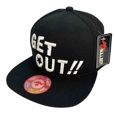 Get Out!! Flat Bill Snap Back Ball Cap Black Hat White Lettering Adjustable
