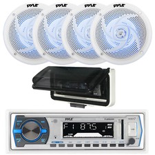 Pyle Single DIN Marine Bluetooth Receiver, Cover, 4x 4" 100W Blue LED Speakers