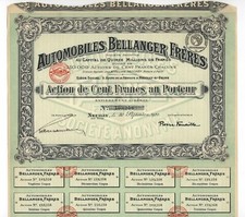 Automobiles Bellanger SA - Akcje ponad 100 franków z 1920 roku - Producent samochodów