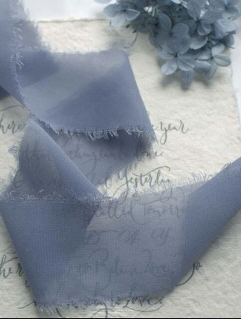 Dusty Blue Frayed Raw Edge 4cm Wide Silk Gauze Chiffon Ribbon Per Metre -Wedding