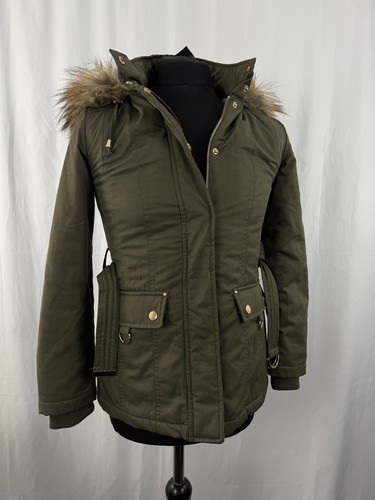 Womens Miss Selfridges Coat parka Petite Faux Fur Hooded Green Cotton Size 8 - Picture 8 of 22