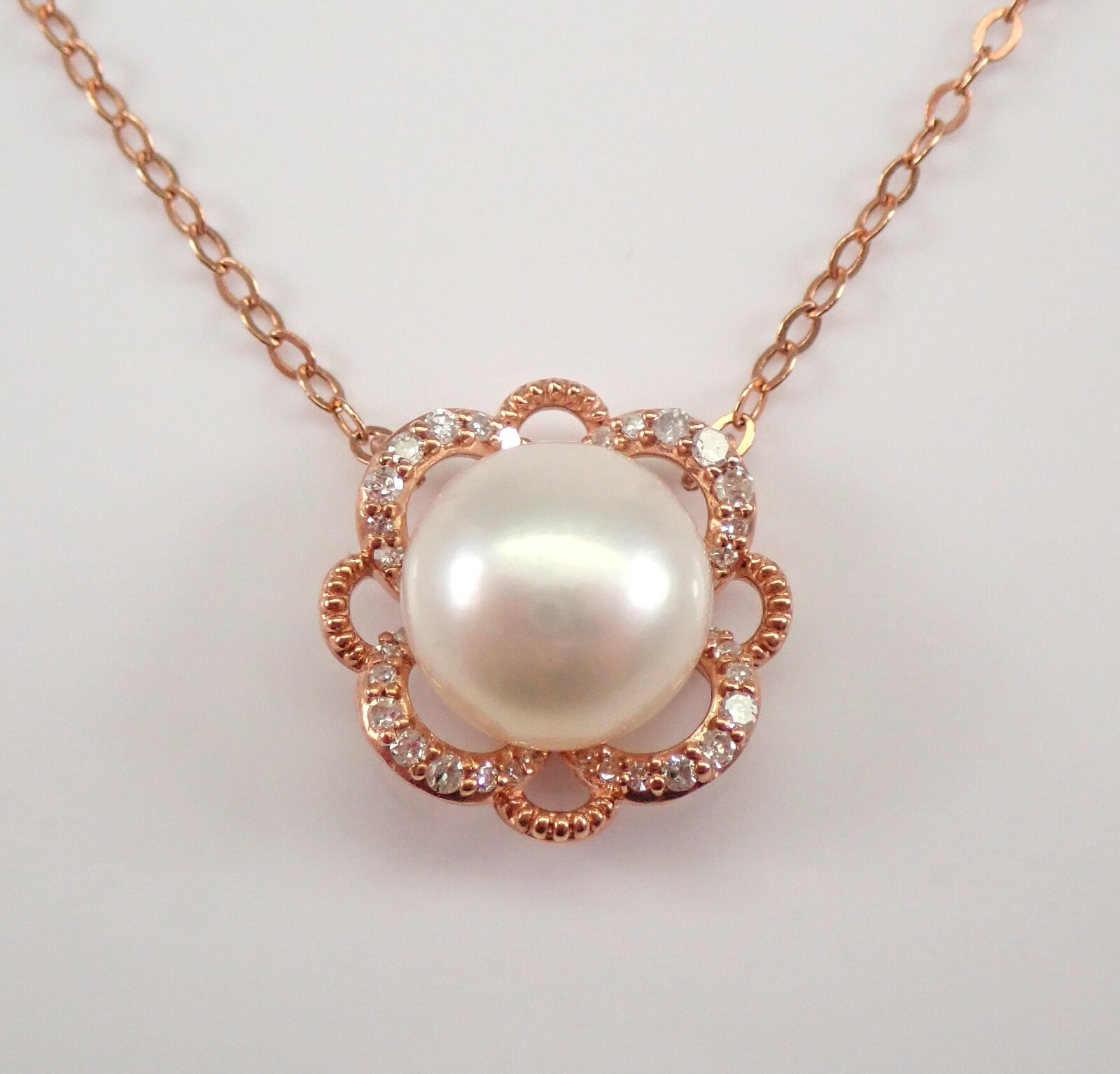Rose Gold Pearl and Diamond Halo Pendant 16 inch Choker Chain Dainty Gemstone