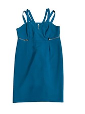 Lane Bryant Blue Teal Party Sheath Dress Sz 18 Gold Zip Sleeveless Midi Strapy