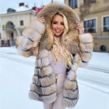 Winter Real Golden Island Fox Fur Coat Luxury Hood Overcoat Jackets Warm Outwear