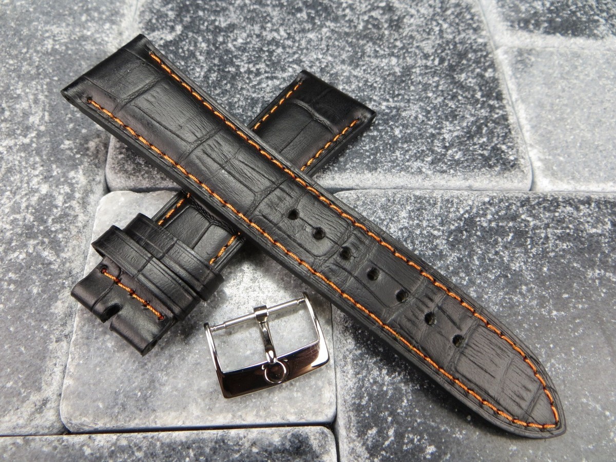 20mm Leather Strap Black Watch Band OEM OMEGA Tang Buckle Set 