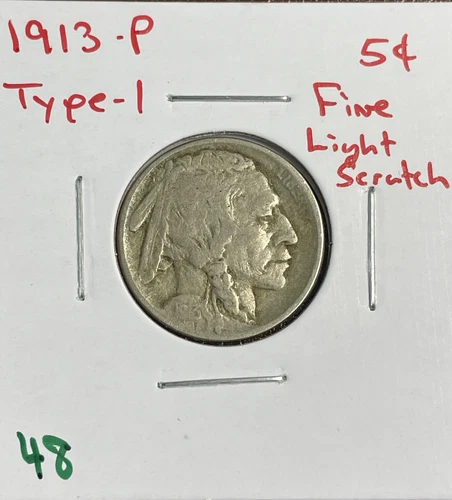 1913 P T1 (Type 1) Buffalo Nickel 5c Fine Light Scratches