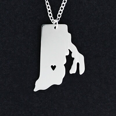 RHODE ISLAND State Necklace - Stainless Steel Charm Tiny Open Heart RI NEW