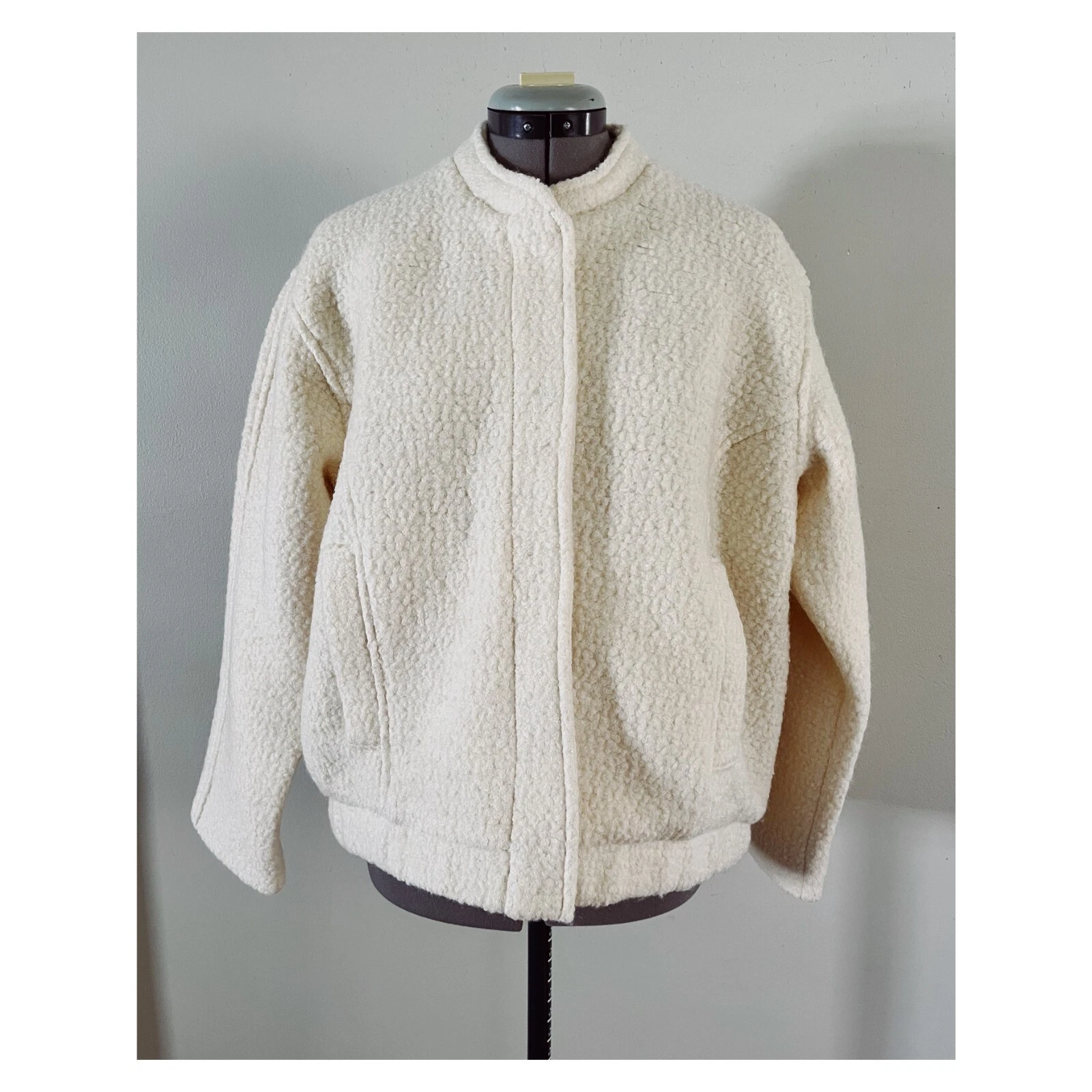 OFF WHITE Bomber Abercrombie & Fitch taglia S lana bianco osso boucle nuovo con etichetta