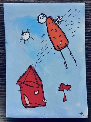 e9Art 5x7 'the quiet revolution' naive outsider art brut folk abstract childlike