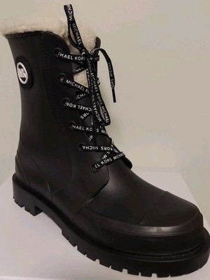 Michael KORS MONTAIGNE LOGO FAUX SHEARLING LACE UP RAIN BOOTS 10 I