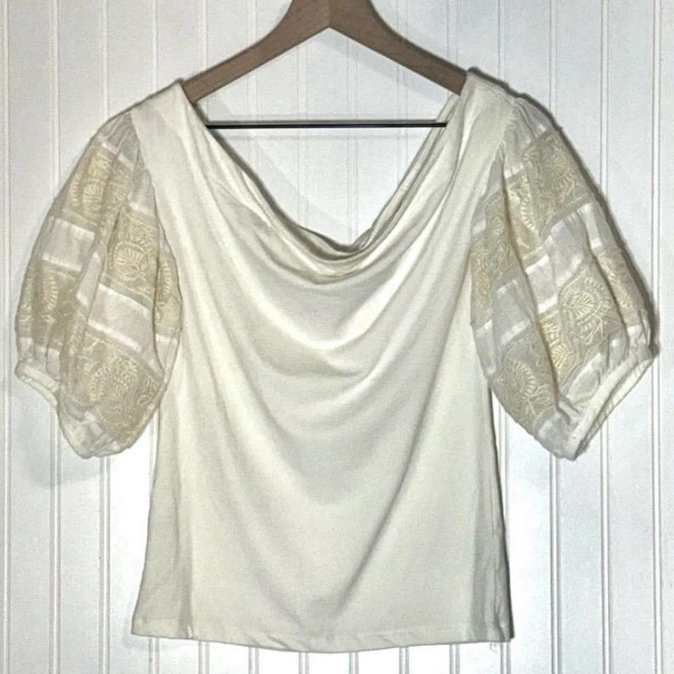 Top Free People M Marfil Hombro Descubierto Manga Abullonada Bordado Boho Coqueta Nuevo con Etiquetas Foto 2 de 4