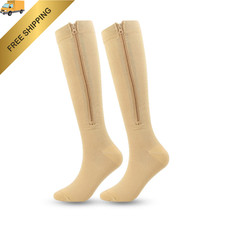 Compression Socks Zipper Knee High 15-20mmHg for Medium-Large, Beige-l