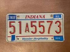 1993 Indiana License Plate Hoosier Hospitality # 51A 5573 Martin County