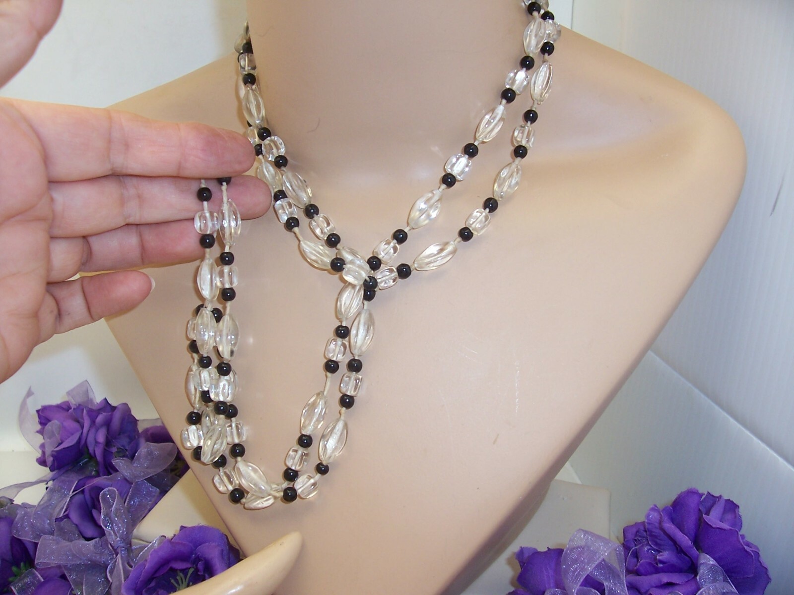 Vintage 56" Molded Clear Glass Bead Lariat Necklace B… Gem