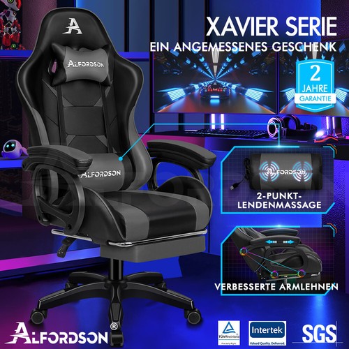 ALFORDSON Gaming Stuhl mit 2-Punkt Massage Bürostuhl mit Fußstütze Grau & Schwar - Bild 2 von 12