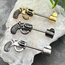 PAIR Revolver Pistol Gun Shaped Nipple Rings Shields Steel Barbells Body Jewelry