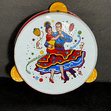 Vtg Tin Toy Tambourine Litho Image of Spanish Dancers Party Items 6.25 Diam.
