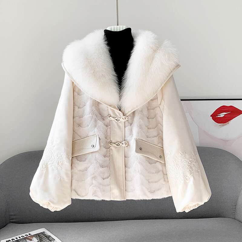 Luxury Women's Winter Coat with Genuine Mink & Fox Fur Collar Hooded Down Jacket  