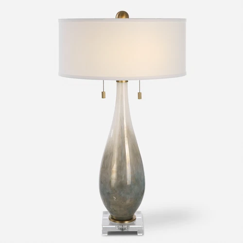 Elegant Smoky Bronze White Art Glass Table Lamp 32 in Tall Pull Chain Gray Brass - Picture 1 of 7