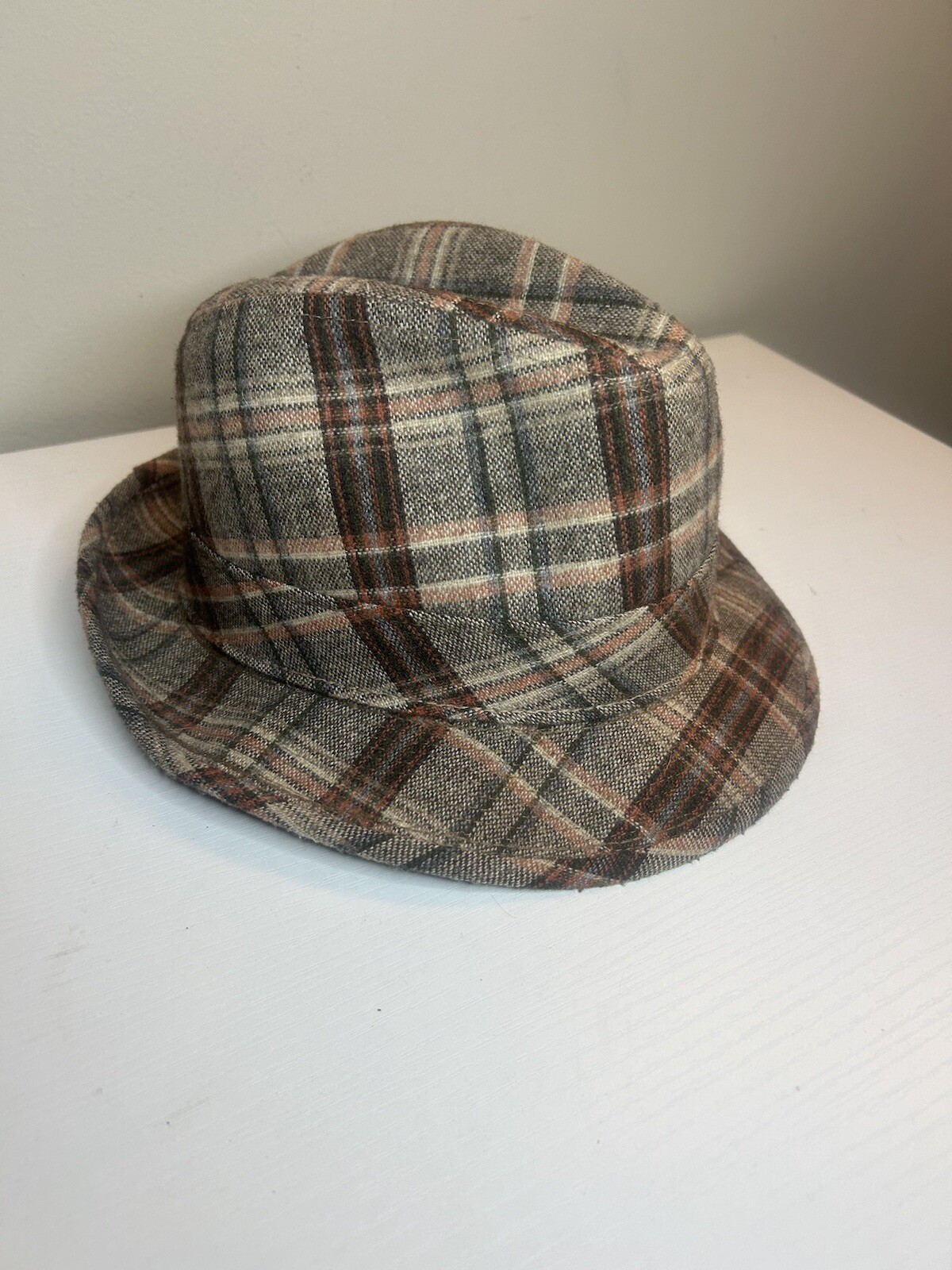 Vintage 1960s Brown Wool Fedora Hat Plaid Lined Size 7 1/8 USA Made
