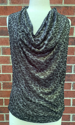 THEORY Black Gray Cheetah Leopard Cowl Neck Tank Sleeveless Drape Shirt Size S