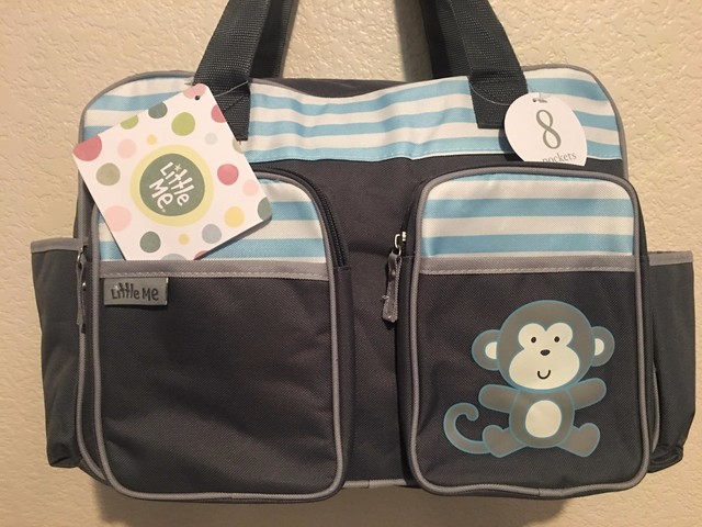 Little Me Monkey Tote Diaper Bag Gray Blue W Changing Pad 8 Pockets Little Me Monkey Tote Diaper Bag Gray Blue W Changing Pad 8 Pockets Uni