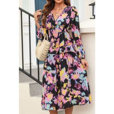 Printed V-Neck Balloon Sleeve Dress