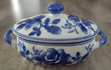 Vintage Asian Blue & White Rose Hand Painted Signed Covered Serving Dish