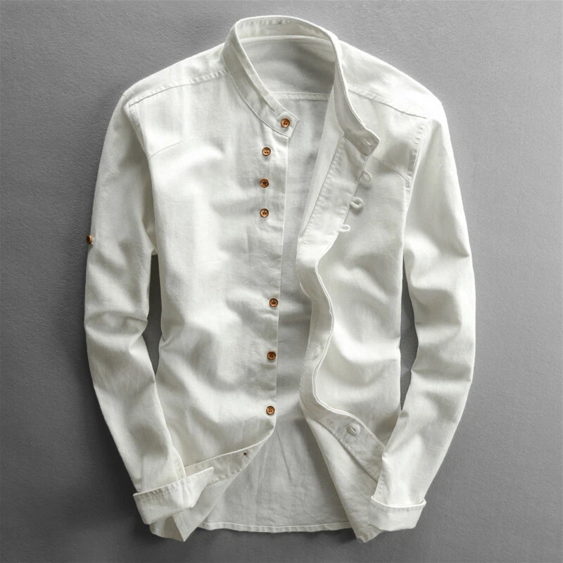 Herren Retro Baumwolle Leinen Hemd Langärmelig Top Bluse Arbeit Formelle Täglich - Bild 4 von 4