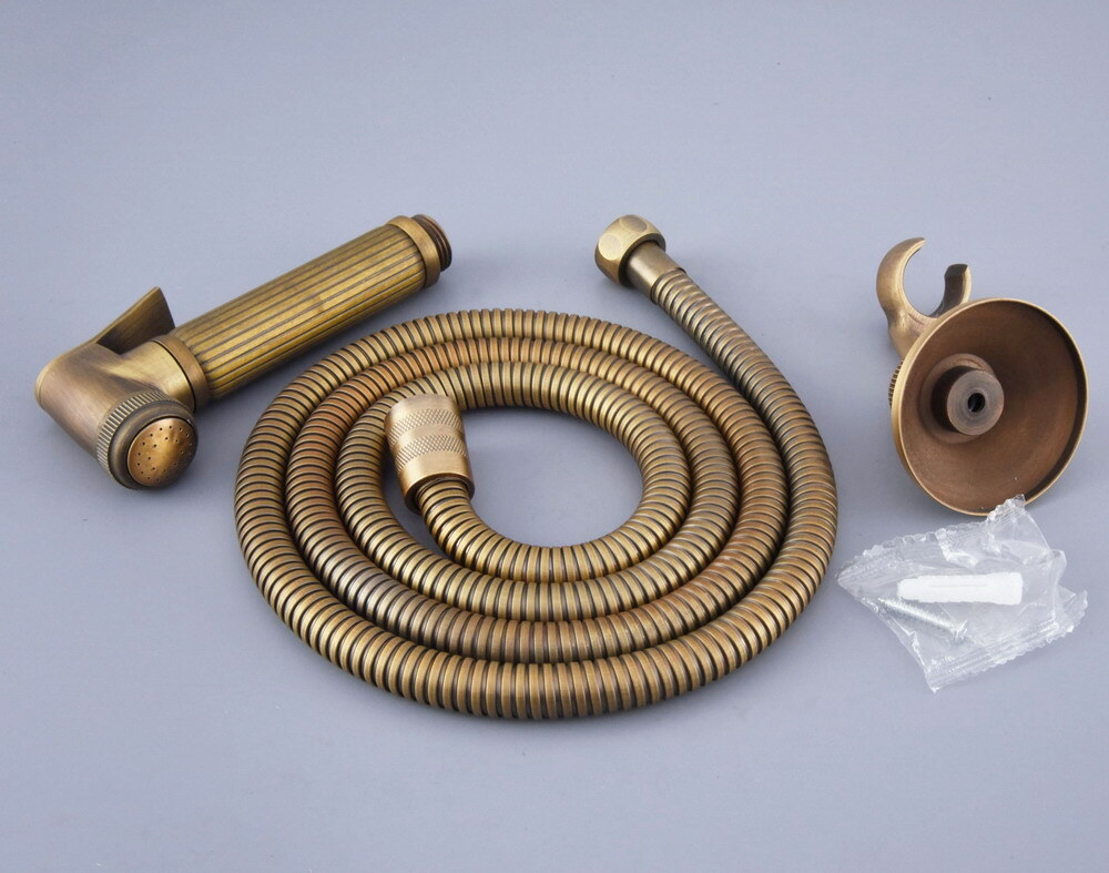 Antique Brass Bathroom Handheld Shower Head Wall Bracket Shower Hose