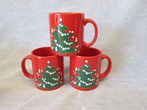 Set 3 Waechtersbach West Germany Christmas Tree Red Coffee Mugs