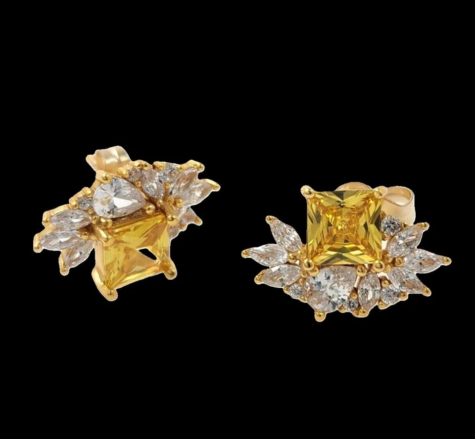 1,5 ct. Pendientes Princesa Canaria Zafiro Creado Amarillo Chapados en Oro Amarillo Foto 3 de 4