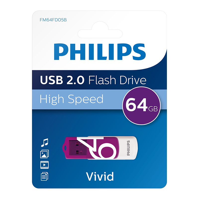 Philips 64GB USB 2.0 Flash Drive Rotatable / Swivel USB 2.0 Memory Stick -Purple