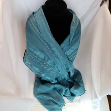 VTG Cejon Scarf, Silk, Teal, Blue, Gold Thread, Rectangular 56.5" x 13"