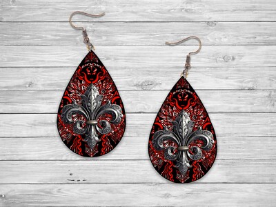 Red & Black Fleur De Lis Teardrop Earrings
