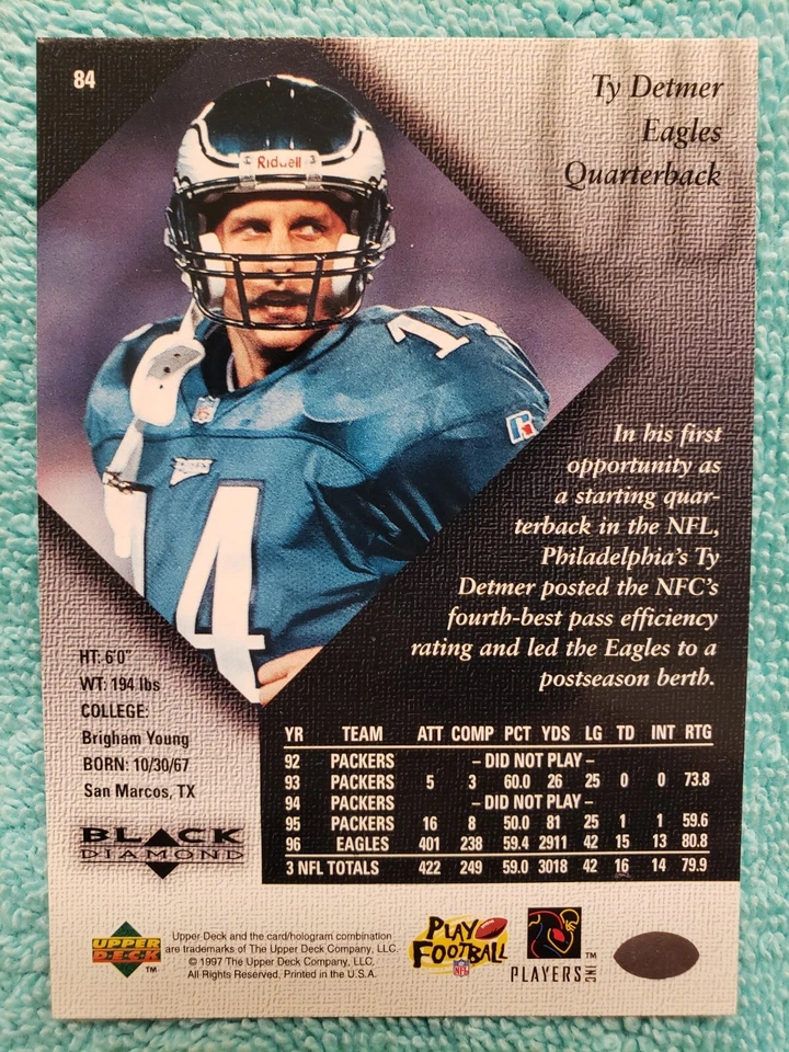 1997 UPPER DECK BLACK DIAMOND TY DETMER #84 PHILADELPHIA EAGLES  - Image 4 of 4
