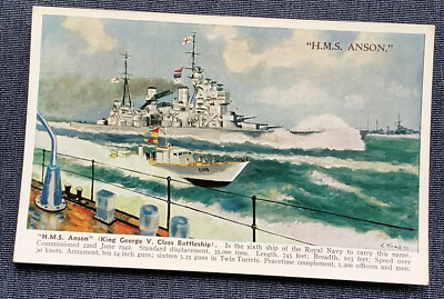 HMS Anson Vintage Postcard King George V Class Battleship Royal Navy