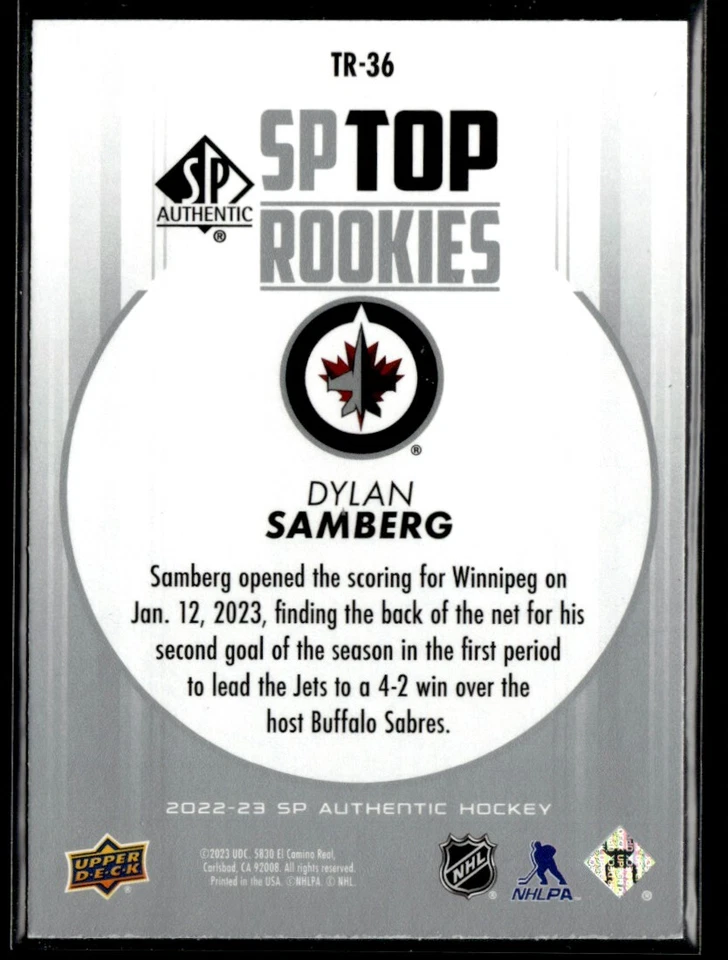 2022-23 SP Authentic Top Rookies Dylan Samberg #TR-36 - Image 2 of 2