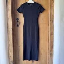 Womens Black Ribbed Bodycon Midi Dress Stretch Slim Fit Short Sleeve Minimalist