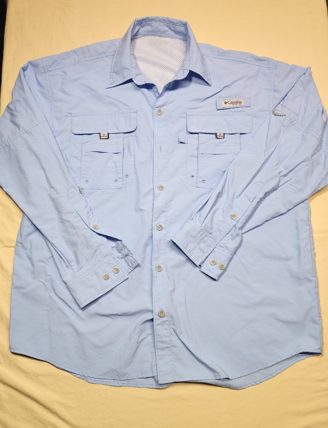 Columbia Button Shirt Men Size 48 As Measured Light Blue PFG Long Sleeve Vented