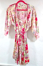 VTG L Satin Wrap Peignoir Robe  Chemise Nightgown Pink Lace Floral 2 Piece Set