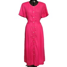 Vintage Talbots 100% Linen A Line Shirt Dress Maxi 12 Fuschia Pockets MOP...