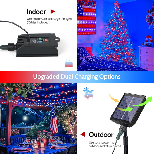 Red White and Blue Solar Lights 2 Pack Each 200LED Patriotic String for Outside - Picture 7 of 8