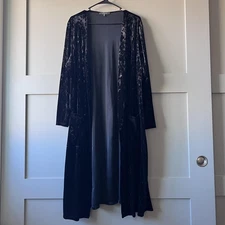 Khaliah Ali Jacket Womens 1X Black Crushed Velvet Open Front Long Duster